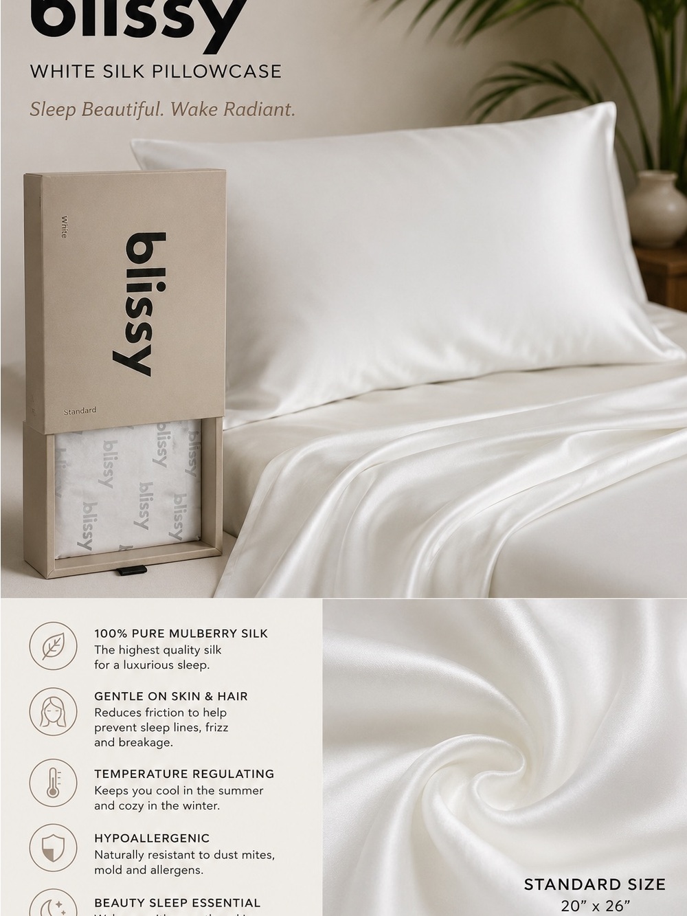 Bliss White Silk Pillowcase - Smooth Mulberry Satin Finish